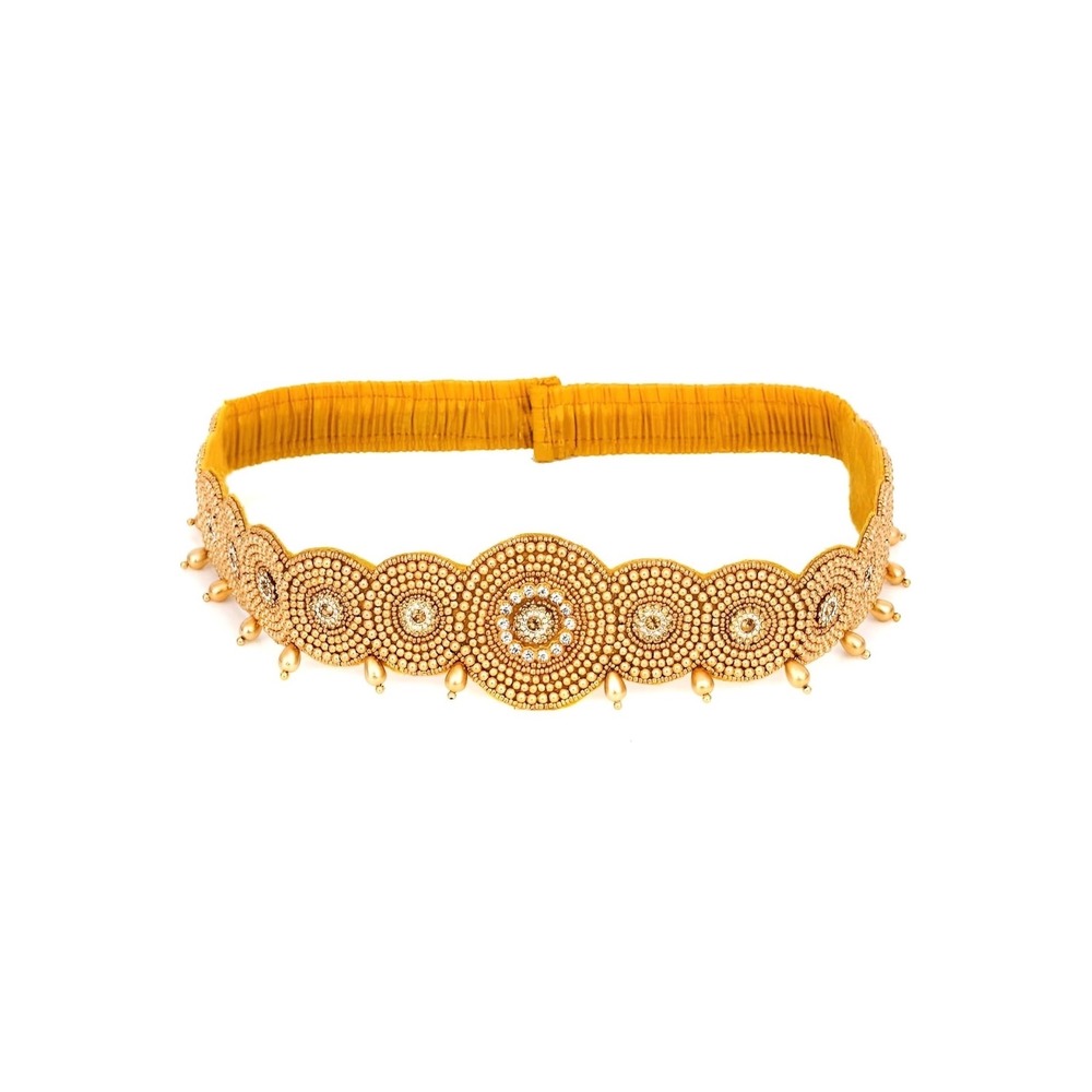Gold Beaded Rhinestone Scalloped Elastic Waist Belt Ethnic Kamarband Statement